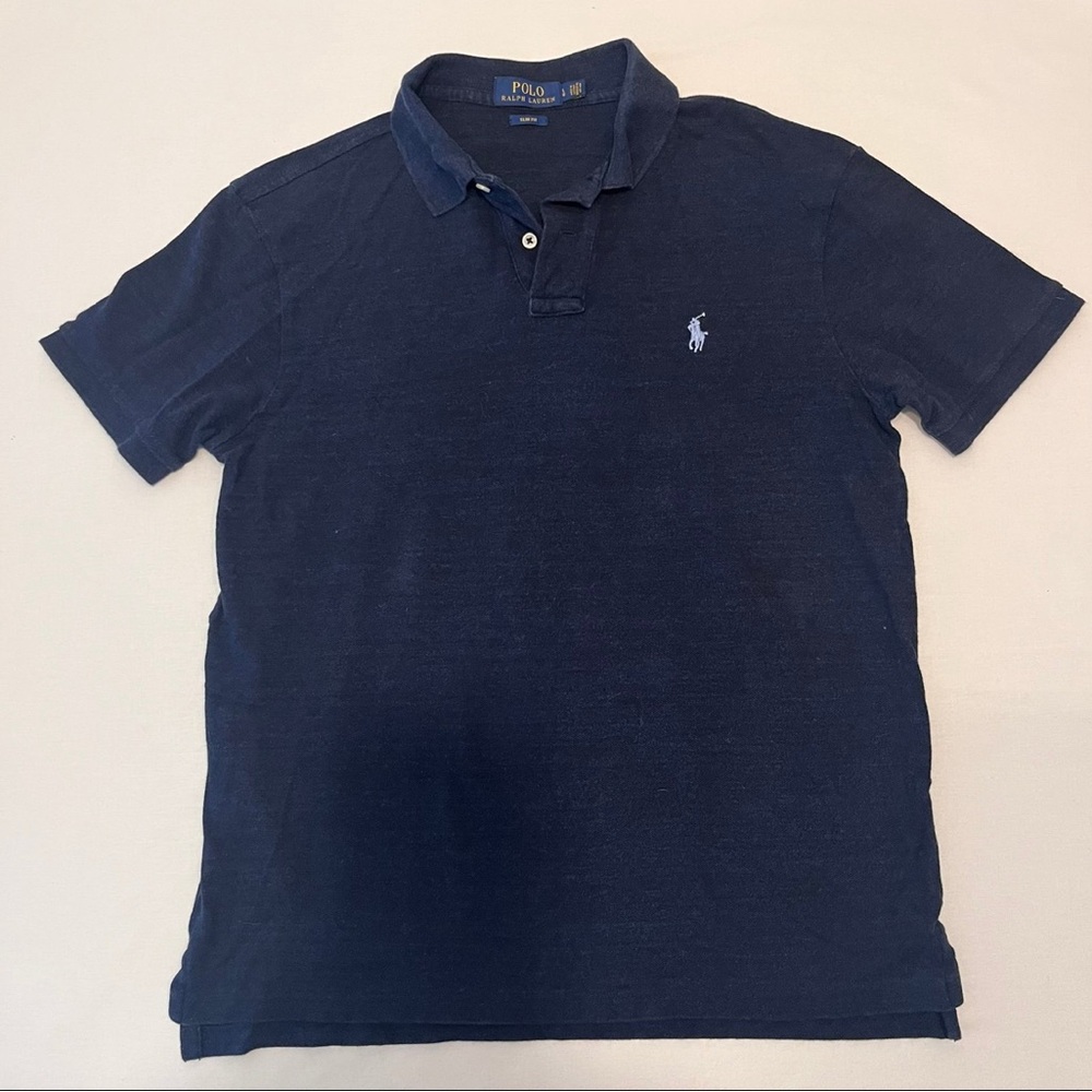 RALPH LAUREN Polo Slim Fit Navy Blue Cotton Short Sleeves Baby Blue Pony Logo